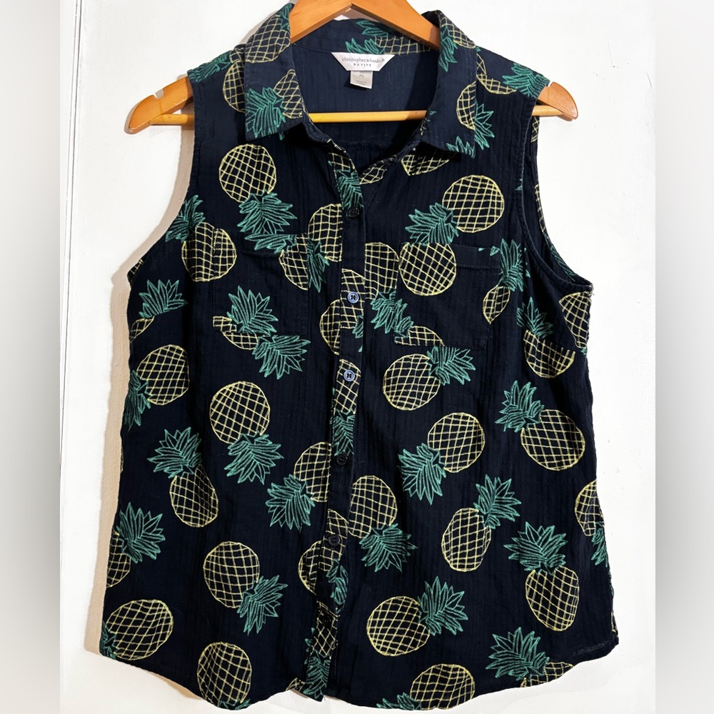 Christopher & Banks Navy Pineapple Print Button Down Shirt
